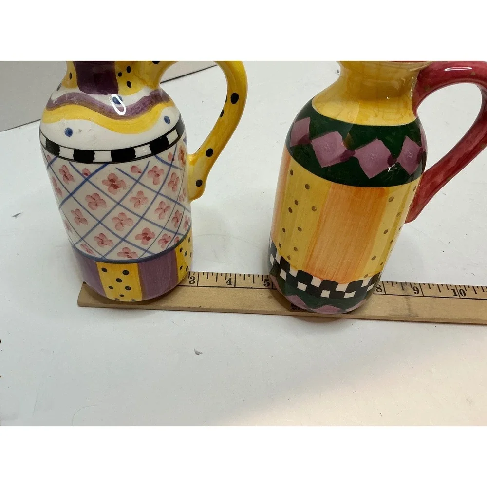 Vintage‎ Ceramic Pitchers Hand Painted Whimsical Set of 2 Multi Color